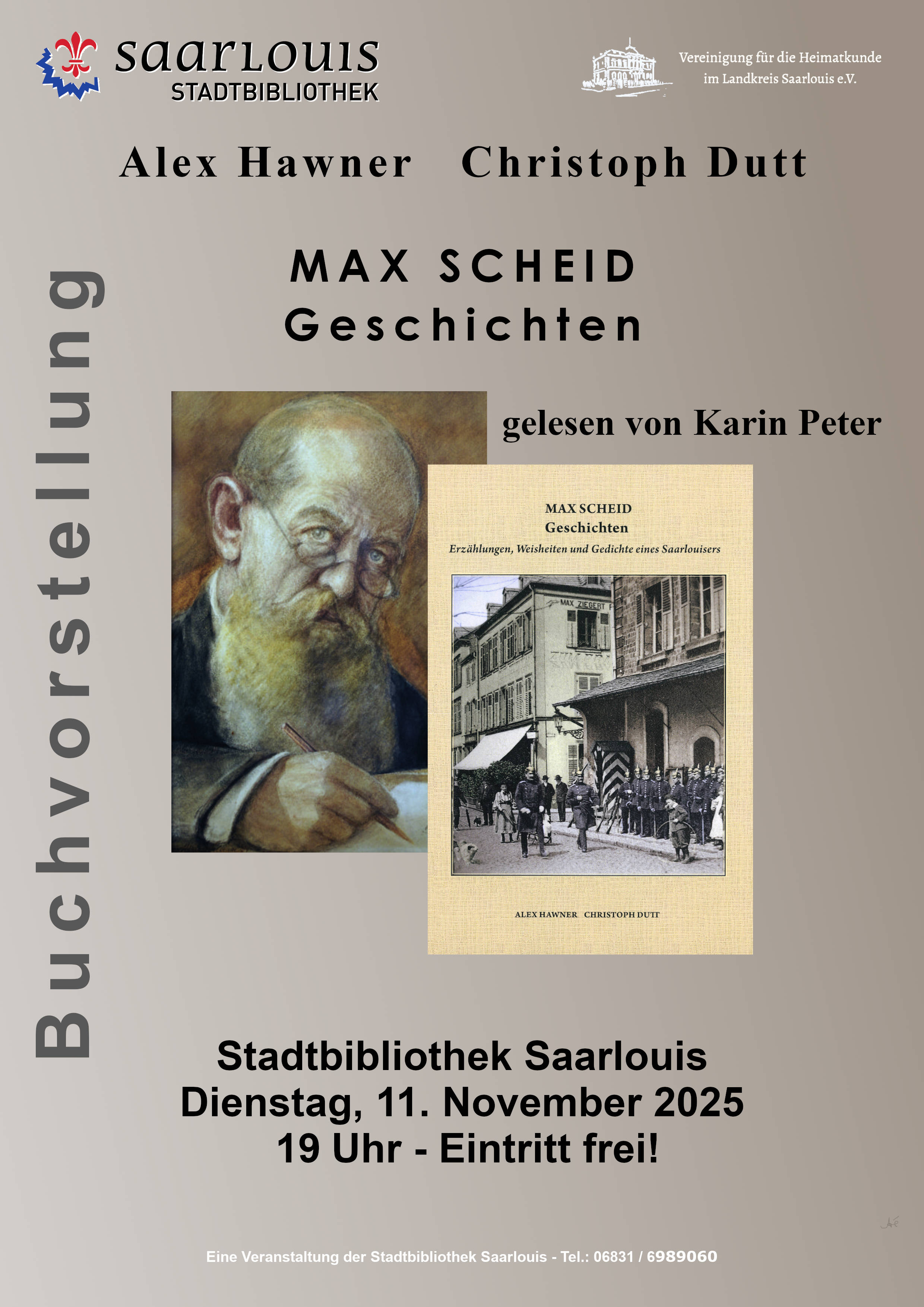 „Max Scheid“ Buchvorstellung und Lesung der Stadtbibliothek Saarlouis mit Alex Hawner, Christoph Dutt und Karin Peter