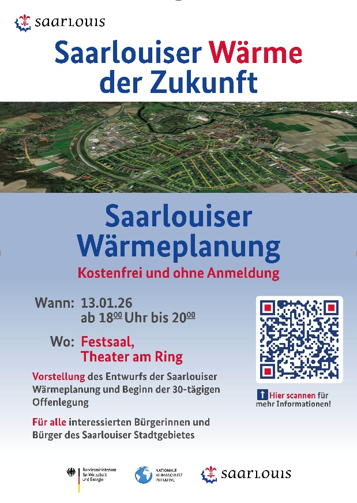 Einladung zur Vorstellung des Saarlouiser Wärmeplans:  13.01.26, 18:00 Uhr Festsaal (Theater am Ring)